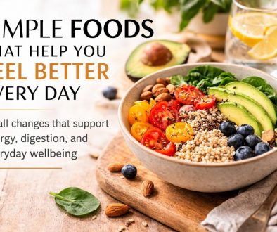 Healthy whole food bowl with vegetables, grains and avocado illustrating simple foods that improve daily wellbeing.