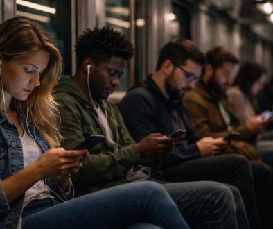Subway passengers at night sitting side by side, each focused on their phone with no interaction