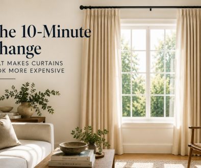 Cream curtains arranged to frame a large window in a bright, elegant living room.
