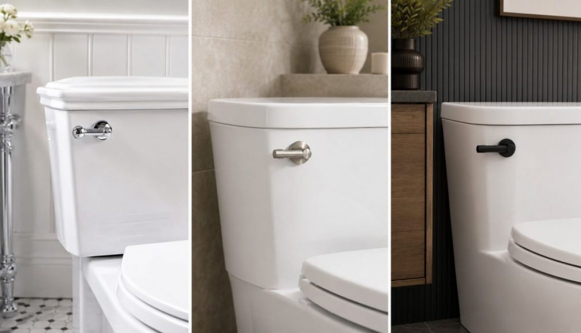 Three modern toilets with chrome, brushed nickel and matte black handles illustrating a toilet flush lever upgrade.