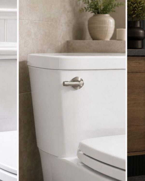 Three modern toilets with chrome, brushed nickel and matte black handles illustrating a toilet flush lever upgrade.