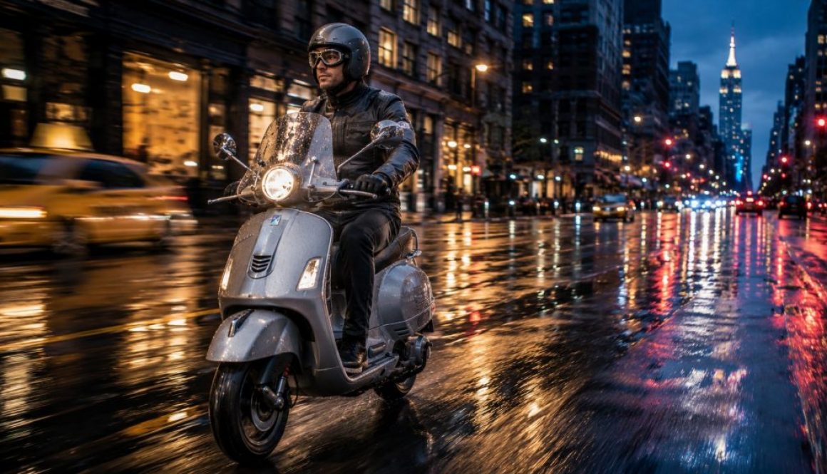 Rider on a silver Vespa GTS 250 with a flyscreen travelling along a wet New York City street at twilight.
