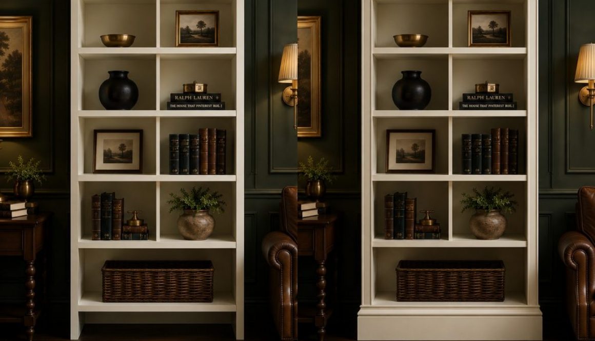 Side-by-side bookcases with matching books and accessories, showing a plain version and one upgraded with moulding.