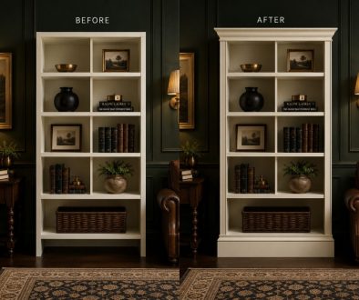 Side-by-side bookcases with matching books and accessories, showing a plain version and one upgraded with moulding.