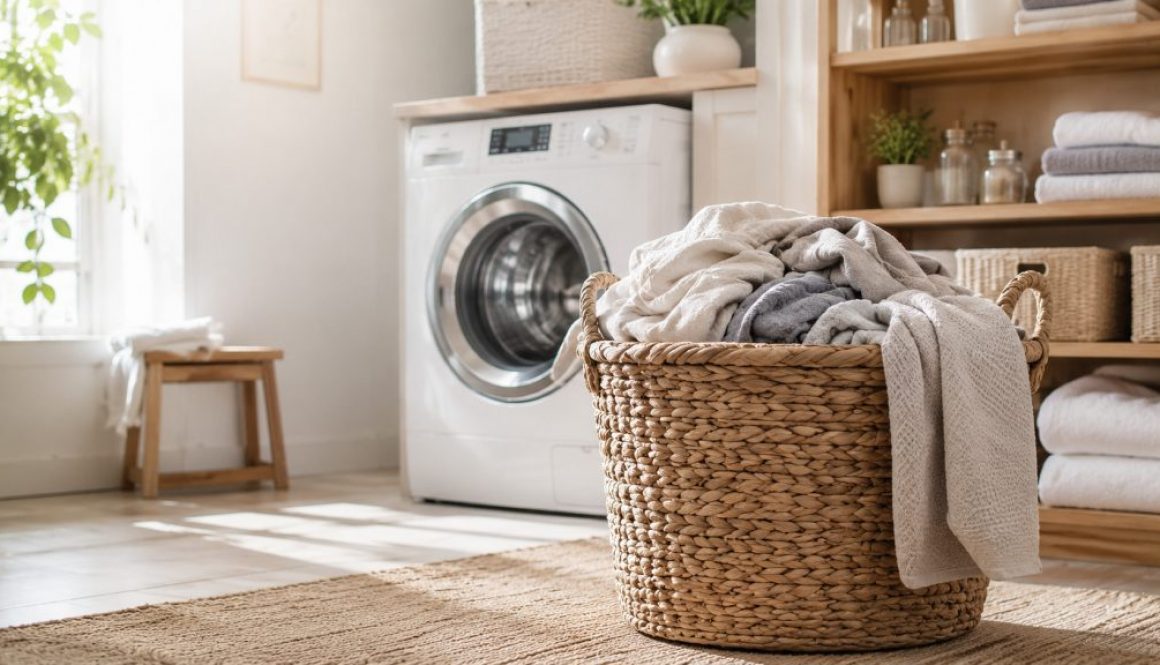 Woven laundry hamper filled with clothes in a bright, modern laundry room with a washing machine and shelves in the background.