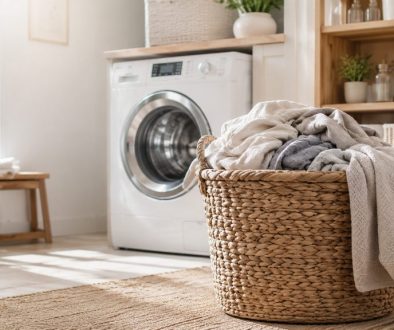 Woven laundry hamper filled with clothes in a bright, modern laundry room with a washing machine and shelves in the background.