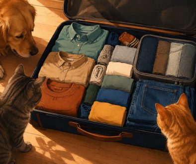 Two cats and a golden retriever looking into an open suitcase packed with rolled and folded clothes.