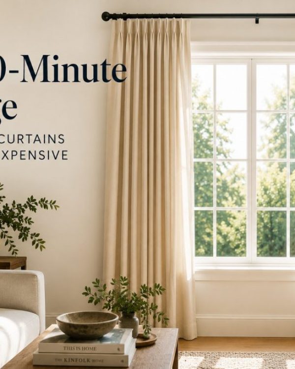 Cream curtains arranged to frame a large window in a bright, elegant living room.